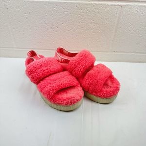 UGG Oh Fluffitta Pink Rose Slipper Curly Sheepskin Logo Ankle Strap Women's Sz 9